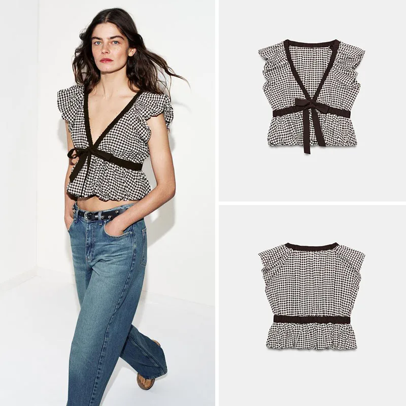 

Новинка весенней коллекции: женский топ с V-образным вырезом, в клетку, с узлом, в студенческом стиле, с мелким узором, с рукавами-баллонами, женская блузка