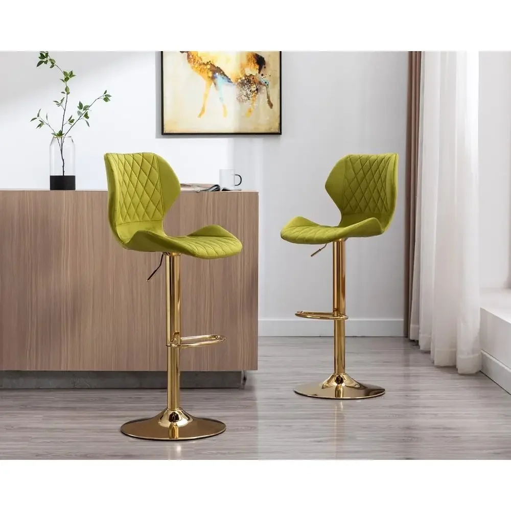 Conjunto de 2 Banquetas Ajustáveis de Veludo, Douradas e Verdes, Cadeiras de Balcão com Altura de 23.6-31.5 Polegadas