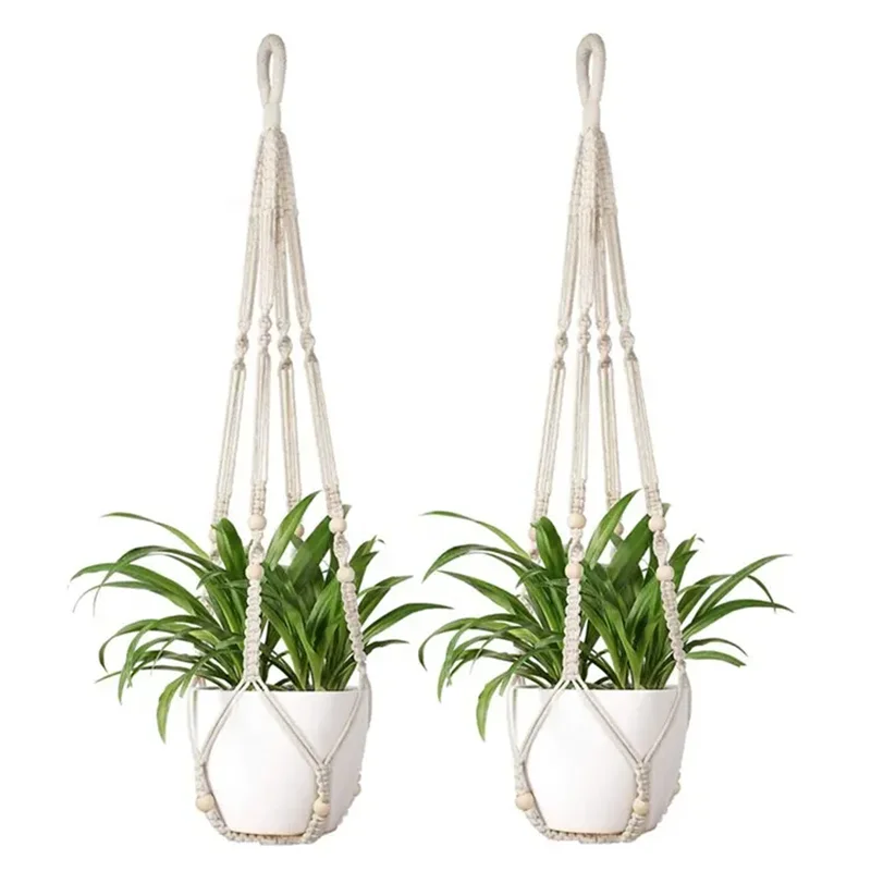 Handmade Macrame Plant Hanger Flower Pot Hanger Cotton Rope Indoor Hanging Planter Basket with Wood Beads Decorative
