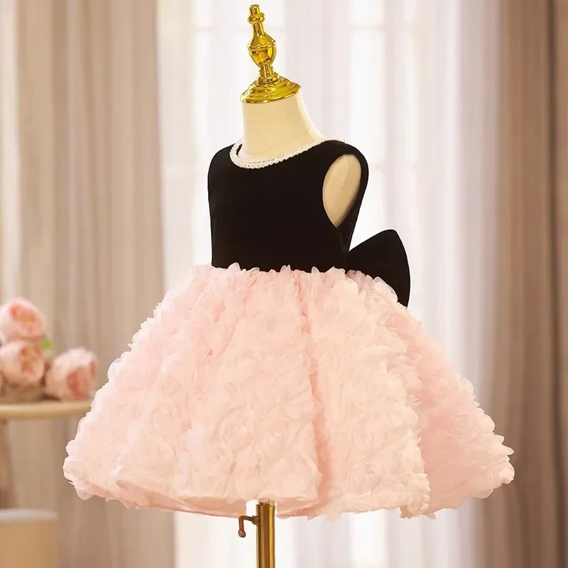 Children First Birthday Princess Dress Wedding Banquet Cute Flower Kids Fashion Pink Black Dresses School Prom Elegant Costumes