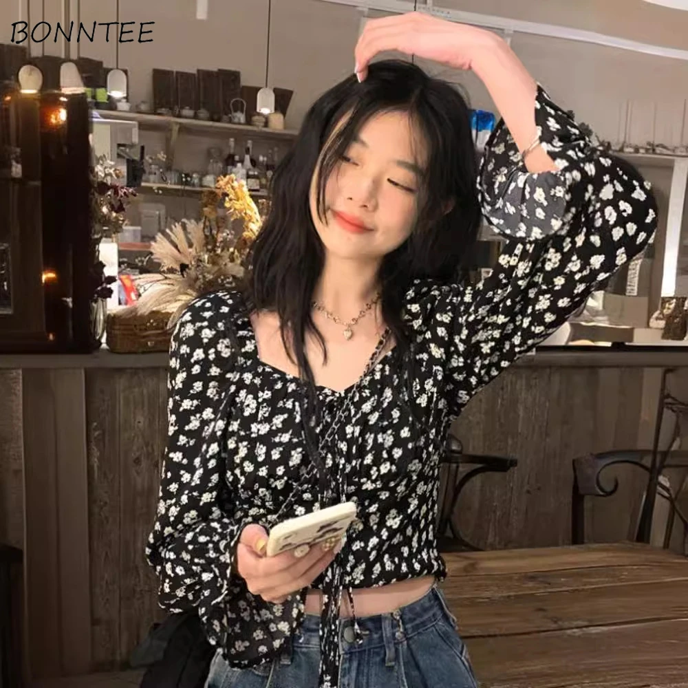 

Cropped Blouses Women Floral Printing Design Sexy Girls Fashion Sweet Lovely Gentle All-match Thin Square Collar Aesthetic New