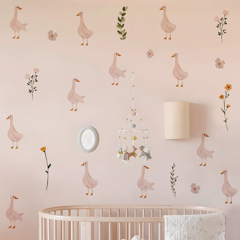 Cute Geese Flora Set of Wall Stickers Peel And Stick PVC Nursery Duck Decal Gift For Kids Room Neutral Animal Easy Removable view 2