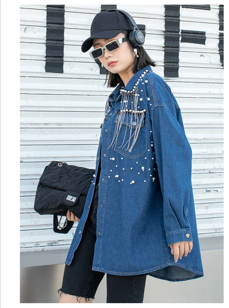 Spring Women Pearls Beaded Tassels Denim Shirts Beautiful Loose Fringed Jeans Blouses Jacket Cowboy Cardigan Long Sleeved Tops