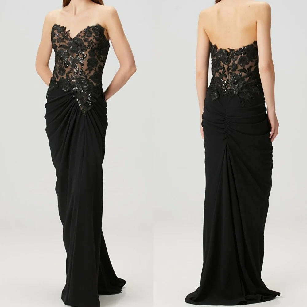 

Customized Intricate Matching Jersey Sequined Pleat Straight Strapless Long Dresses Bespoke Occasion Retro