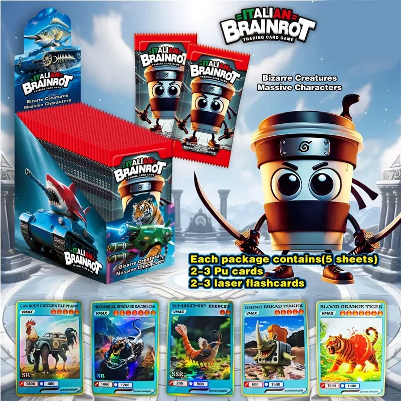 150PCS 이탈리아 Brainrot 카드 Tung Tung Tung Sahur Tralalero Tralala Collectible Cards 소년 소녀를위한 클래식 장난감 생일 선물
