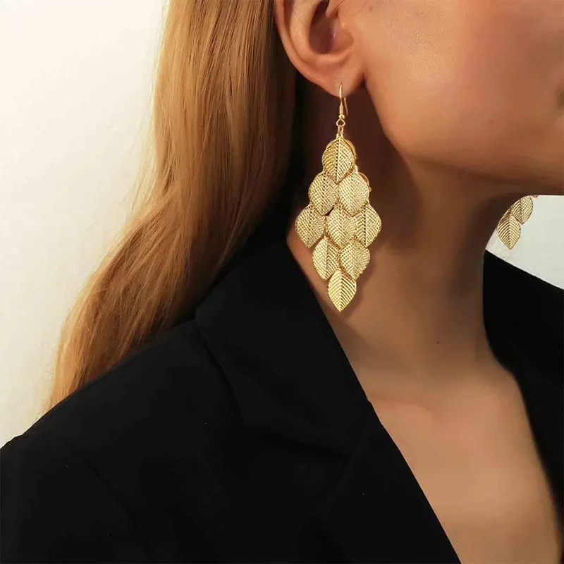 

Fringed Temperament Long Leaf Earrings Earrings, Bohemian Fashion Metal Bride Earrings for Women