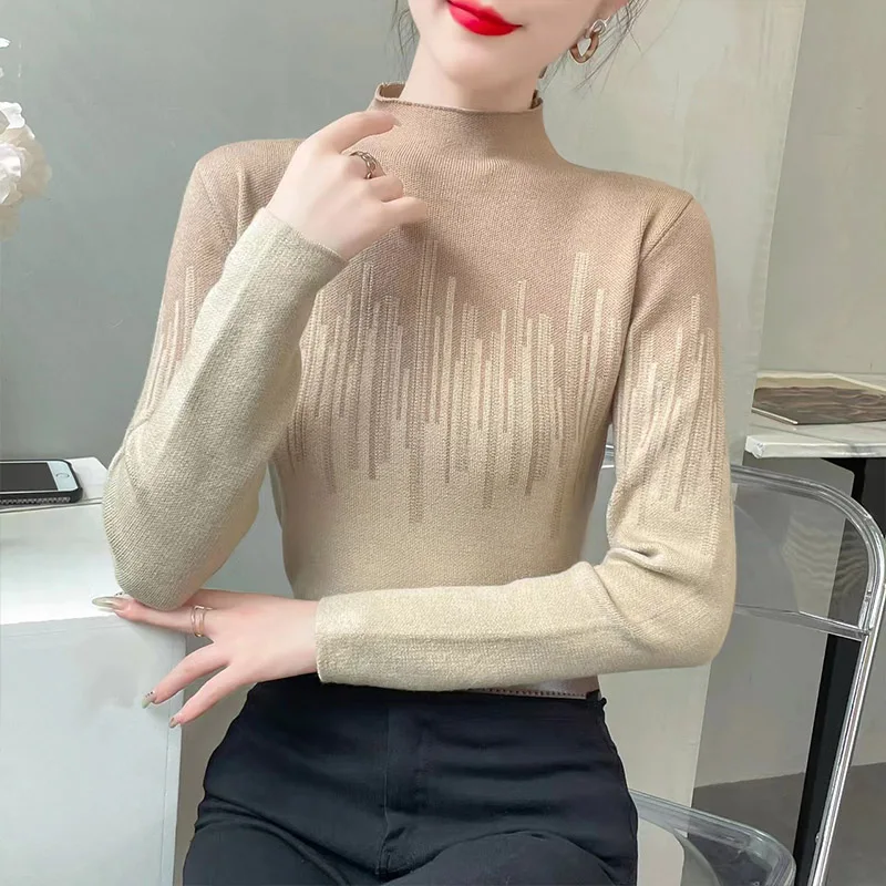 Autumn Winter New Fashion Elastic Slim Half High Neck Sweaters Women Temperament Vintage Chic Striped Pullovers