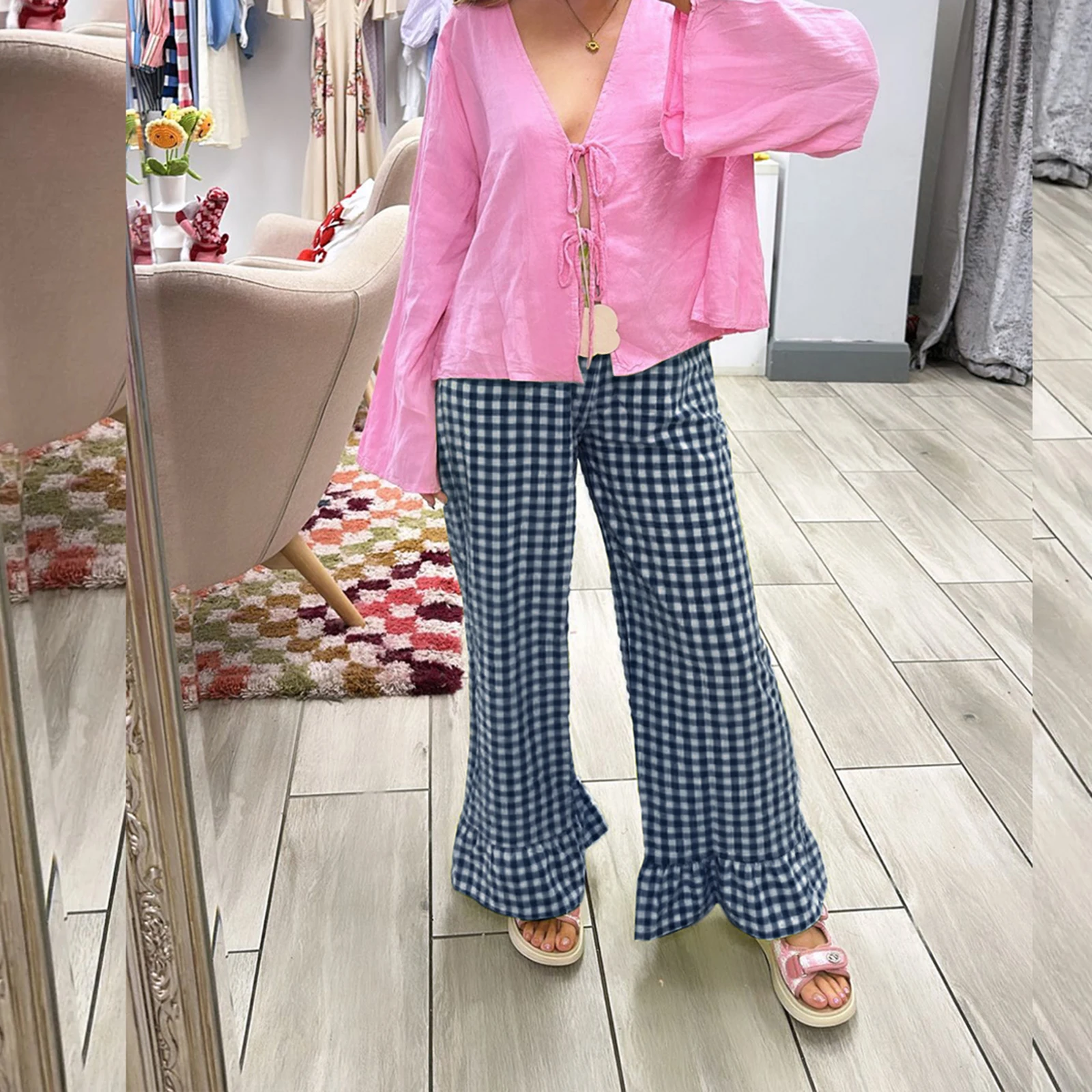 Gaono Women Y2K Plaid Print Flared Pants Ruffle Hem Gingham Long Trousers Elastic Waist Loose Fit Long Bottoms