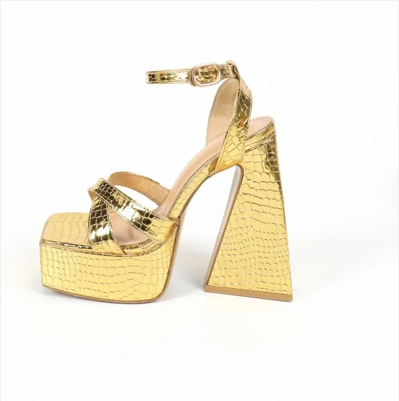 Luxury Woman Sandals Platform Pumps PU 14CM Square Heel Summer Buckle Strap Golden One Character Strip Women Leather Shoes