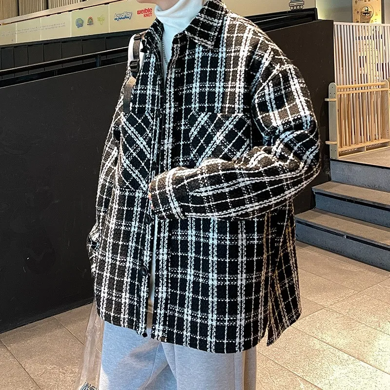 

Young Men's Loose Fit Plaid Jaet Autumn Spring Faionable Outerwear Casual Haome irt Sle American Sle Windproof