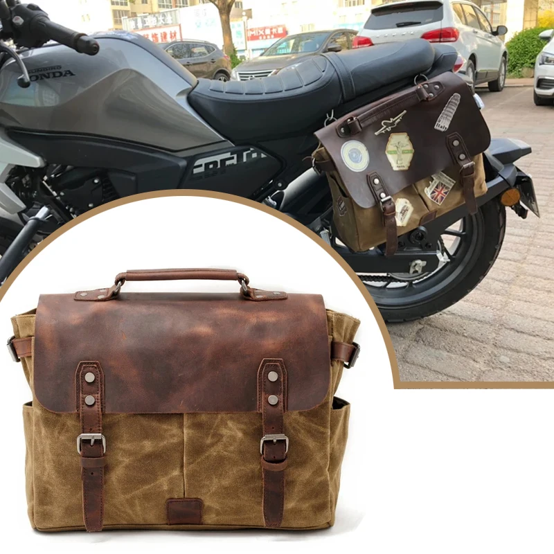 Vintage Waxed Canvas Leather Messenger Bag Men Durable Camera Shoulder Bag Retro Motorcycle Side Bag Rear Seat Bag