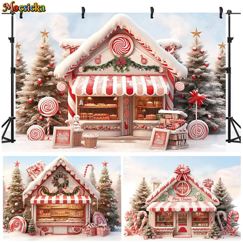 

Mocsicka Winter Christmas Photography Background Candy Shop Xmas Tree Snow Forest Outdoor Kids Portrait Backdrop Photocall Props