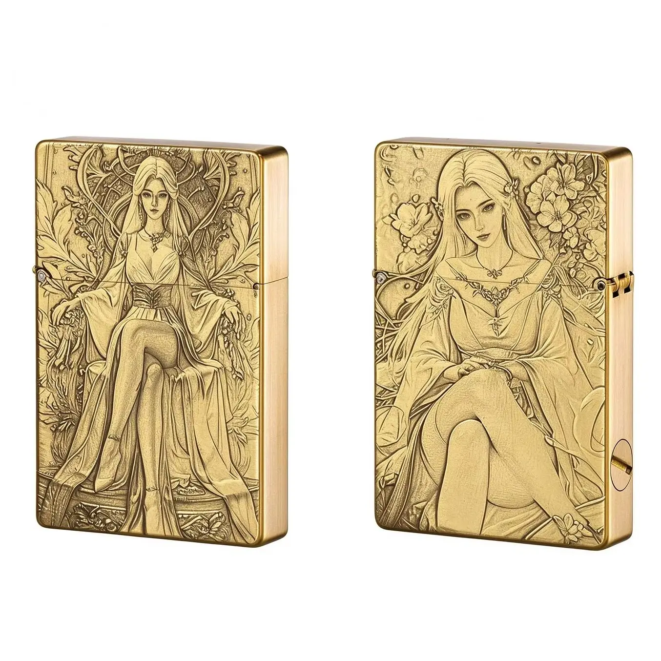 Vintage Brass Slim Oil Lighter Double-Sided Engraved Beauty Figure Windproof Grinding Wheel Refillable Cigarette Lighter for Men