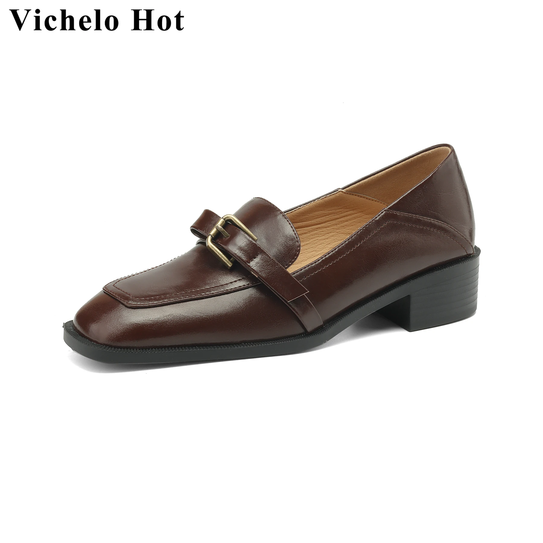 

Vichelo Hot 2024 Cow Leather Square Toe Med Heels Spring Casual Shoes Mature Vintage Loafers Slip On Vacation Brand Women Pumps