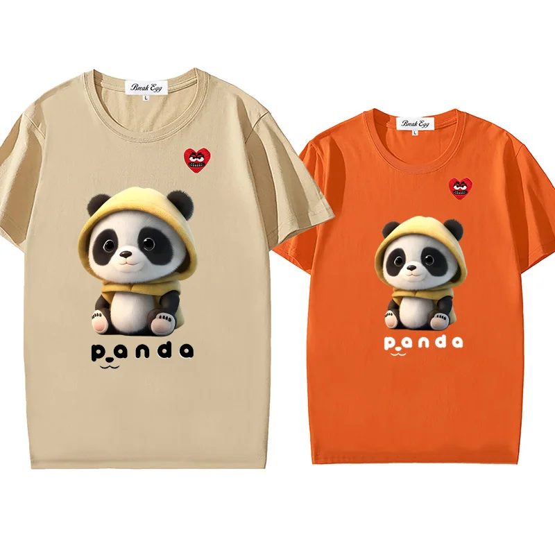 Panda with Hat  Printing Women Men T-shirt Cotton Cute Snag Heart Embroidery O-neck Short-sleeved Straight Summer T-shirt