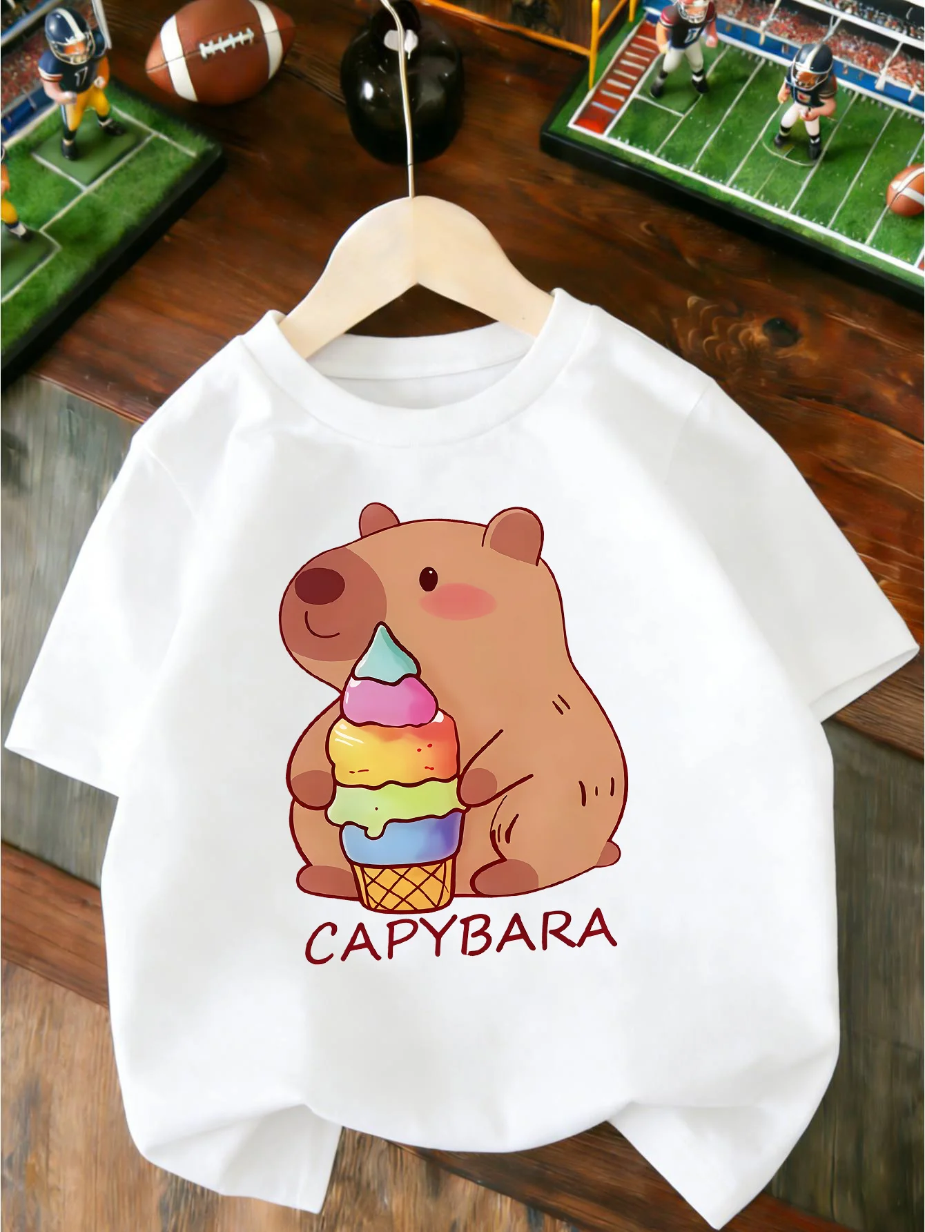 Cute Capybara Holding Rainbow Ice Cream Print T Shirt Boys Girls Lovely Short Sleeve Tee Family Matching Soft Cotton Kids Tops