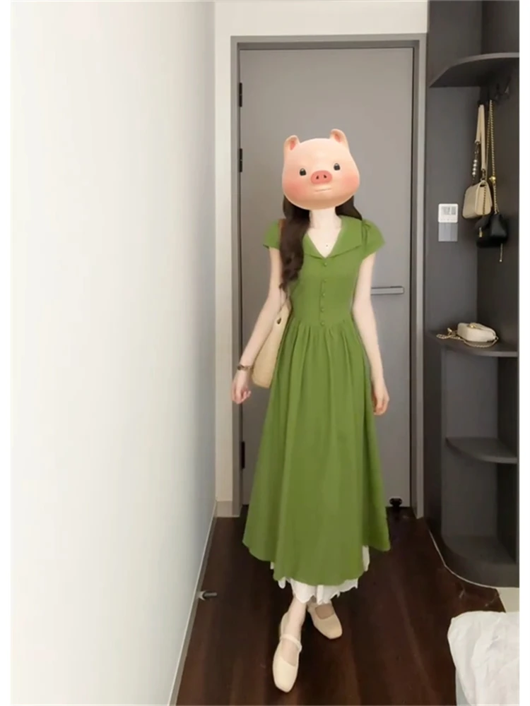 ヴァイオン・スレ カラー レディース ドクター・フリル サマー2025 ハイウエスト Aライン ニット オルト・スヴェ Vネック シングルボタン