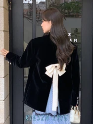 Fashion high-quality French-style slit tie-belted temperament velvet blazer coat for women 2024 autumn winter Suit Lady