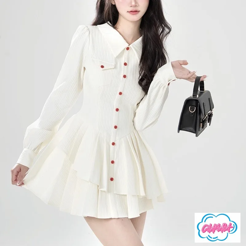 ฤดูใบไม้ร่วง รสหวานแบบฝรั่งเศส ​ ​ มีปก ​ ​   เสื้อเชิ้ตแขนยาวจีบระบาย คอปก ทรงเข้ารูป ดีไซน์โดดเด่น หรูหรา สไตล์นักเรียน พร้อมกระโปรงทรงพอง