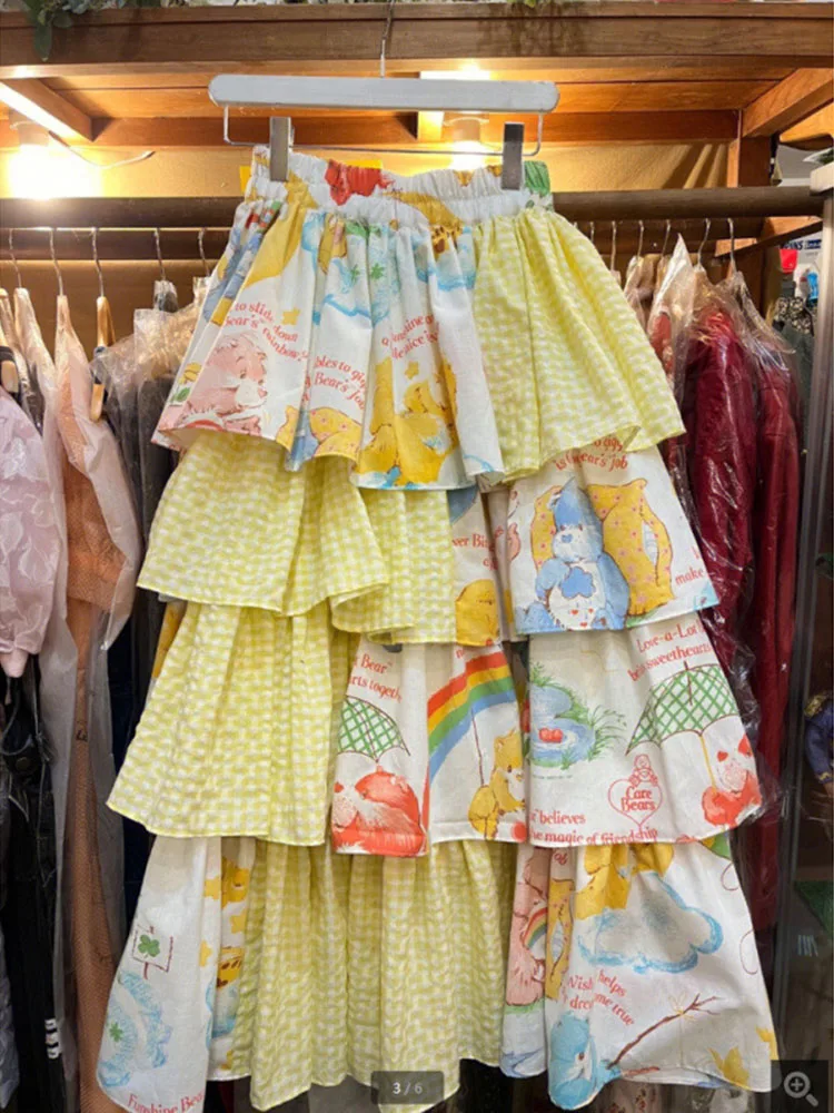 

Женские юбки с мультяшным принтом 2022, Faldas Mujer De Moda, летняя юбка трапециевидной формы с высокой талией и рюшами в стиле преппи