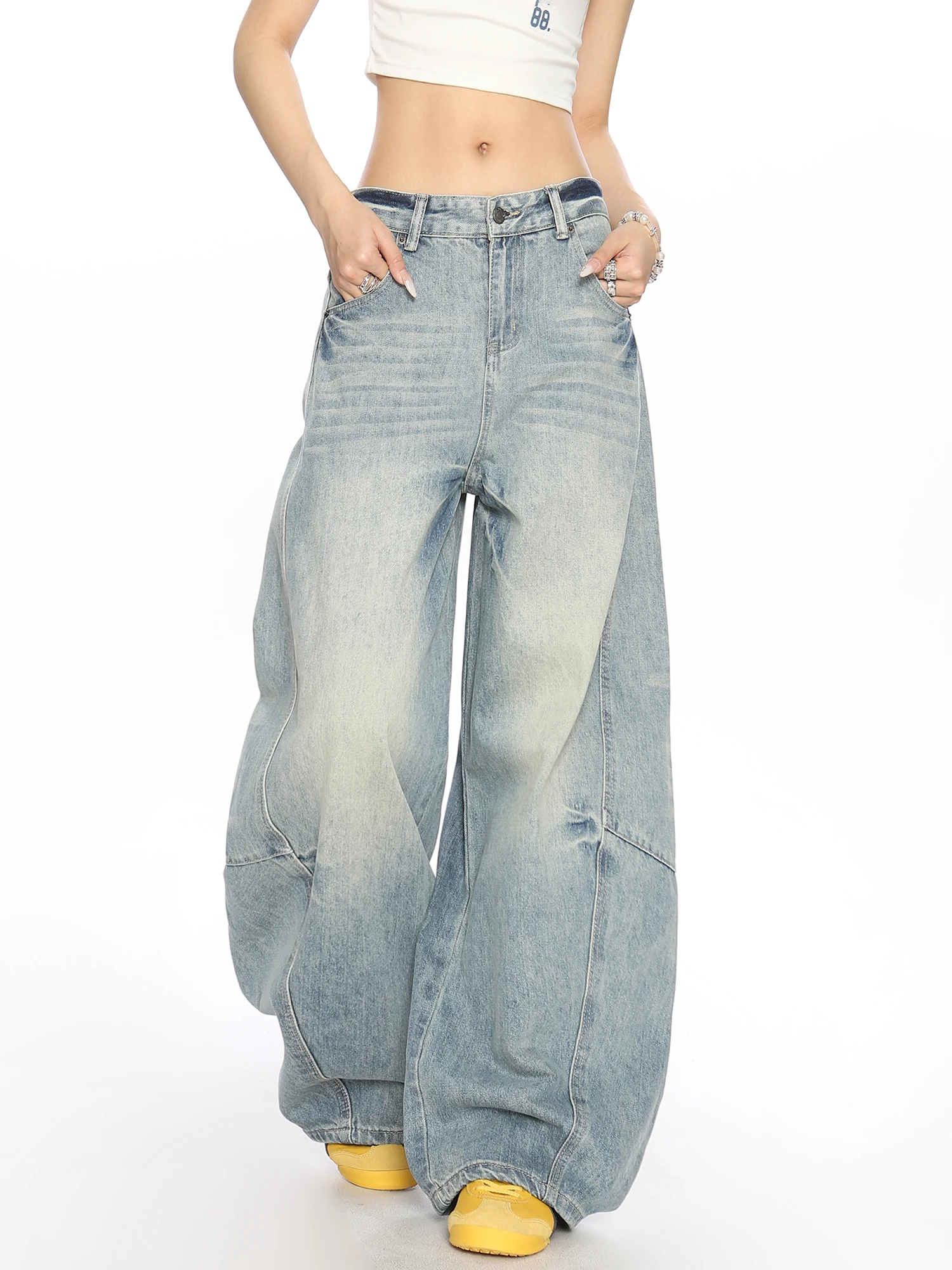 

Свободные женские джинсы в американском стиле ретро, прямые брюки-бананы, повседневные брюки с эффектом выцветания, дизайн в полоску с громом, синий джинсовый материал