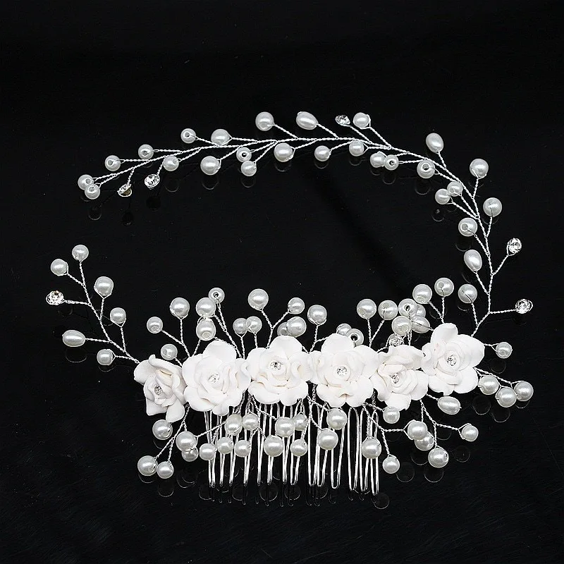 1Pc Flower Bride Wedding Hair Vine Pearl Bridal Hair Piece Leaf Hair Accessories Rhinestone Headband for Women and Girls