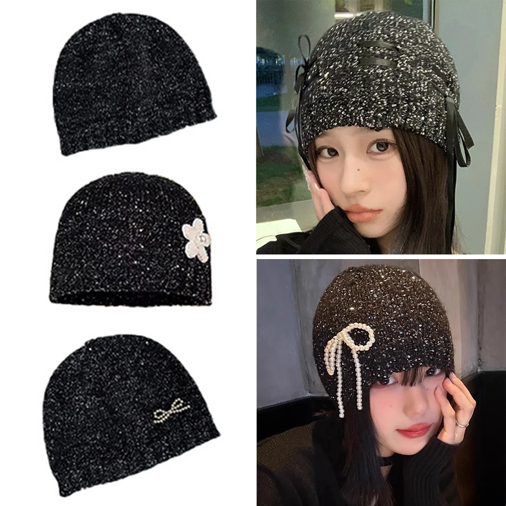 Korean Shiny Cold Cool Street Knitted Hat Autumn Winter Sequined Bow Beanies Caps Girl Glitter 2024 Fashion Bag Head Beanie Hats