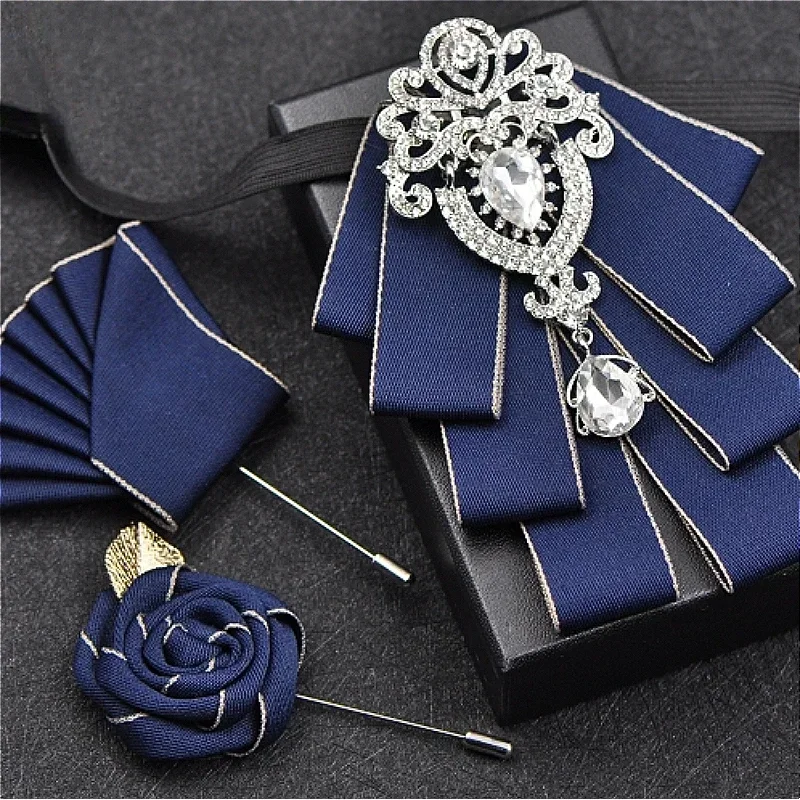 

Wedding Bow Tie Set for Men's Best Man Business British Suits Shirt Stage Host Accessories Handmade White Rhinestone Bowtie