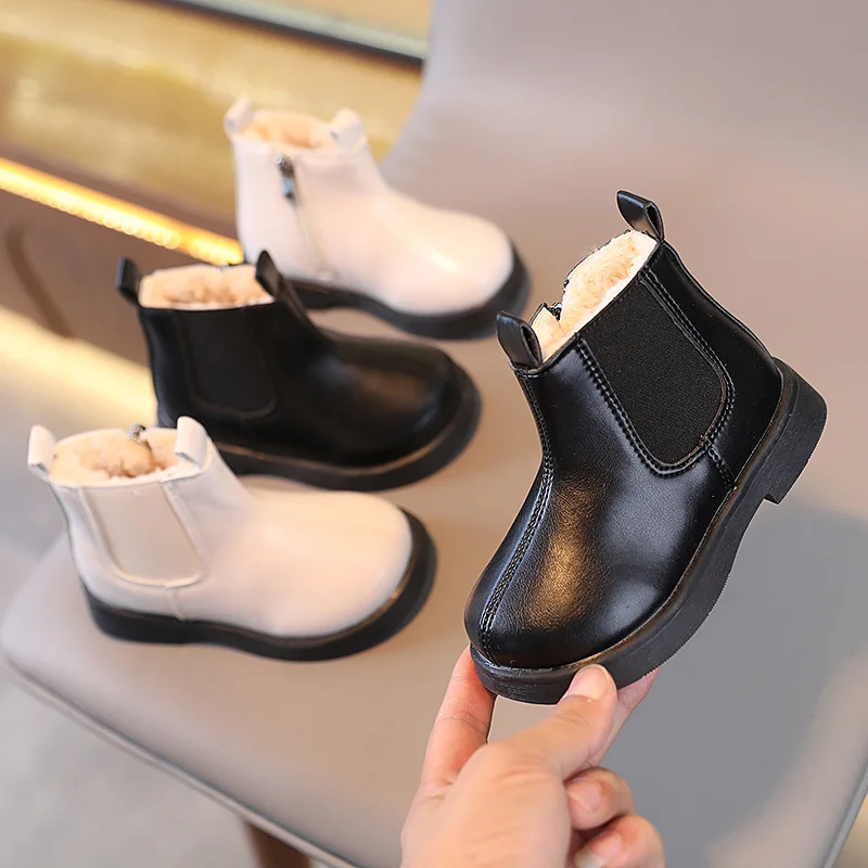 Winter Kids Boys Girls Fashion Boots British Style Zipper Velvet Warmth Non-Slip Short Boots Anti-slip Children Leather Shoes