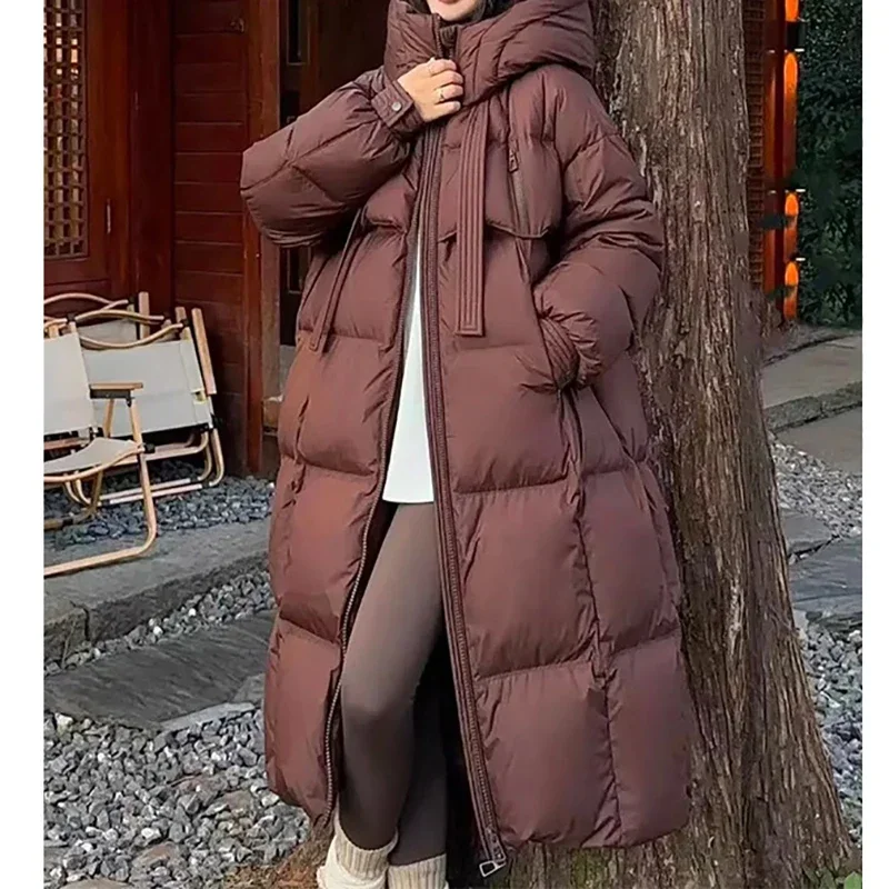 Abrini Casual Thickened Warm Hooded Down Coat Women Long Sleeve Zipper Pocket Long Coat Lady Office Parkas Fall Winter Down Coat