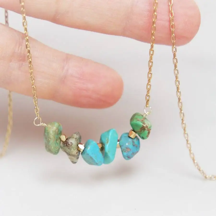 

Handmade Genuine Turquoise Irregular Nugget Beaded Necklace Gold Tone Chain Fashion Jewelry Gift for Her