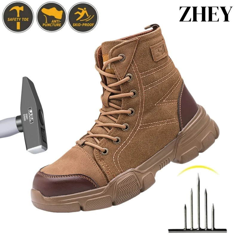 

Light Canvas Breathable Safety Shoes Men Steel Toe Cap Work Shoes Indestructible Shoes Anti-smash Anti-puncture Work Boots