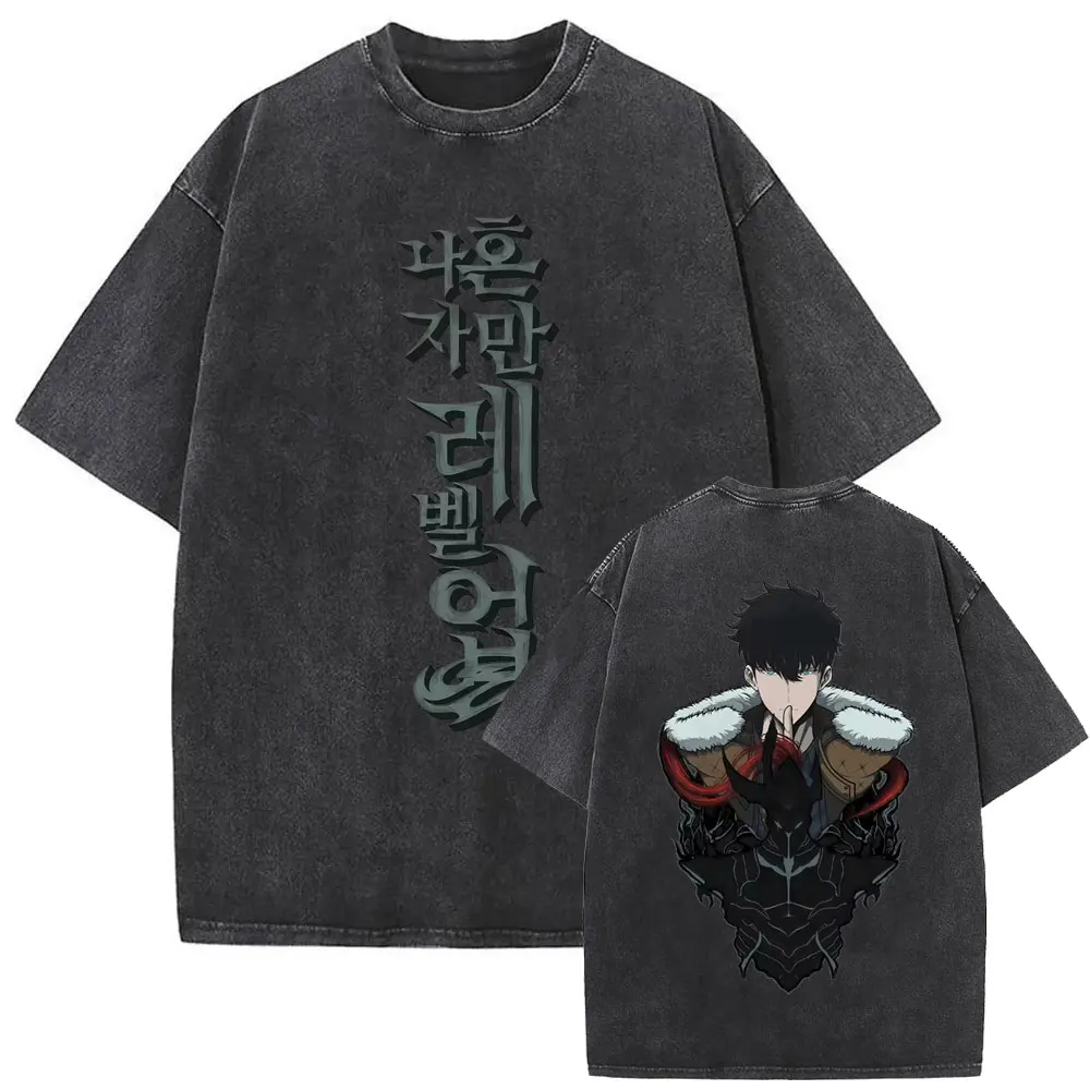 

Washed Vintage Anime Solo Leveling Sung Jin Woo Shadow Monarch V2 T-shirt Men Women Cotton Casual Oversized T Shirts Tops Unisex