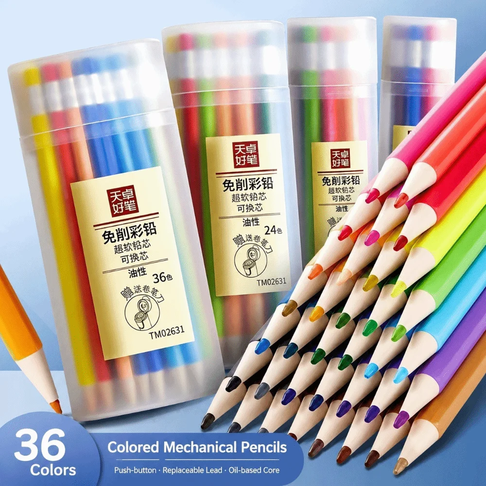 12/18/24/36 Colors Retractable Colored Mechanical Pencils Oil-Based Hexagonal Barrel Oil Color Pencils Refillable