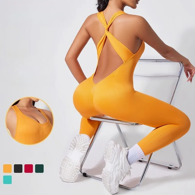

​​Crisscross Back Yoga Bodysuit Women V-Neck Butt Lifting Workout Jumpsuit Seamless Running Fashion Slim High Elastic Bodysuit