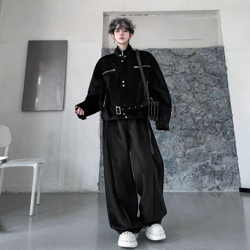 2025 الرجال شتاء جديد النمط الأمريكي شارع العليا الرجعية سستة الرجال السترات مجموعات الراقية وسيم سميكة واسعة الساق السراويل مجموعات