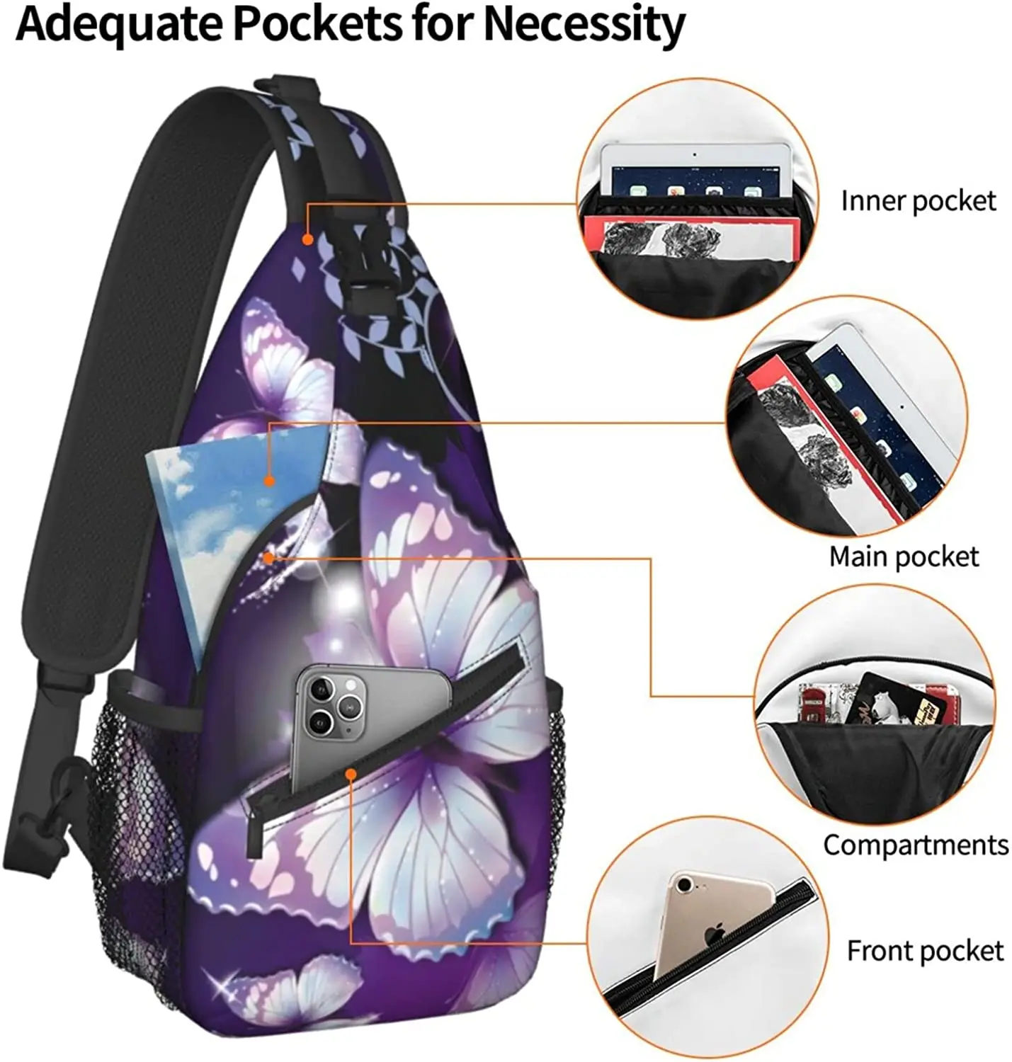 Sprakling Purple Butterfly Shoulder Bags Mini Rope Sling Bag Crossbody Waterproof Fashion Chest Daypack for Women Travel Runner