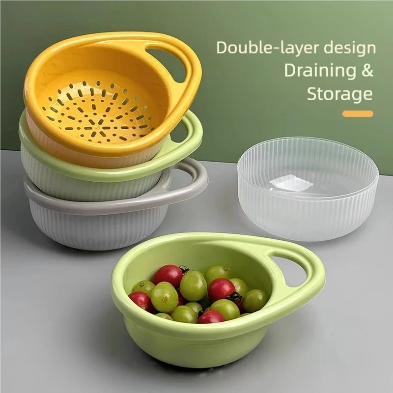

Kitchen Multifunctional Double-layer DrainingBasket with Handle Durable Food Storage Container for Washing Fruits and Vegetables