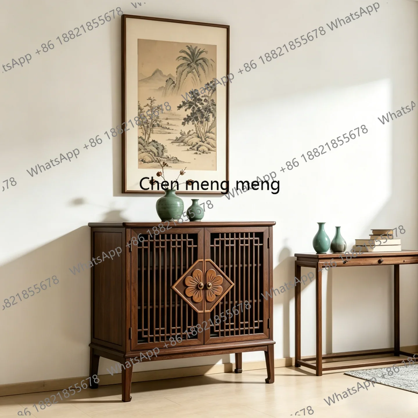A74New Chinese solid wood dining edge, entrance cabinet, retro wind carved door panel storage, living room decorative cabinet