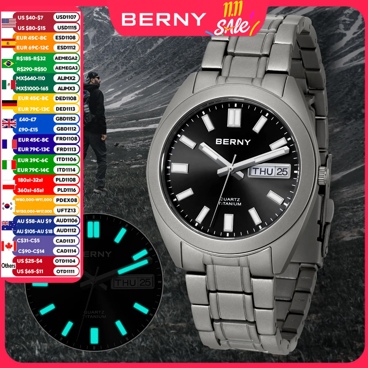 BERNY Titanium Watch for Men Supper Light Weight Wristwatch Super Luminous Sapphire 10ATM Waterproof Sport Field Quartz Watches