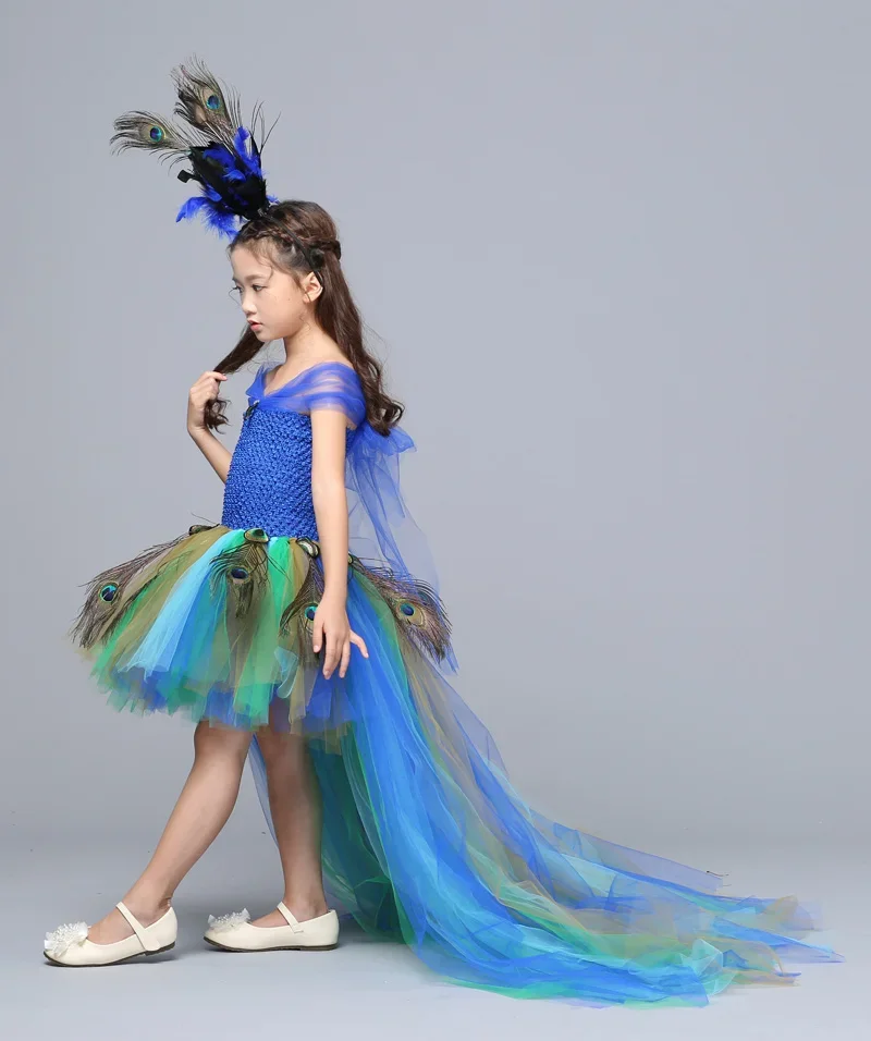 Peacock Dress with Train Tulle For Kids Girls Peacock Feather Toddler Baby Girls Party Clothes for Birthday Photograp