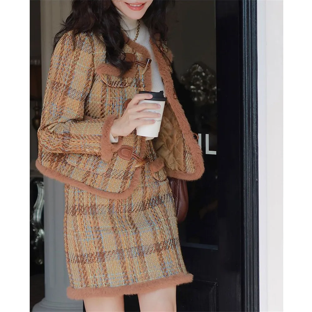 Brown Vintage Plaid Tweed 2pcs Set Fake Fur Patchwork Elegant Jacket + High Waist Mini Skirt Korean Fashion Women Streetwear