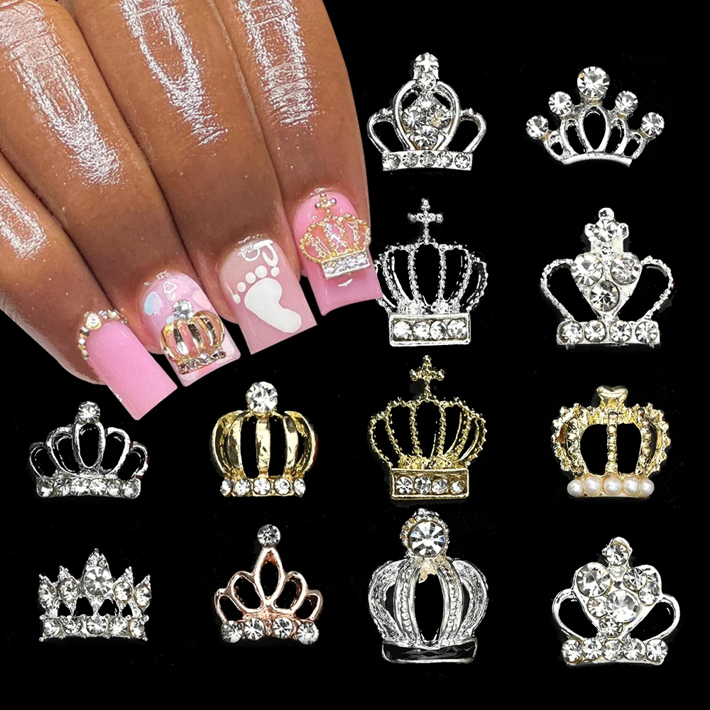 10pcs Gold/Silver Crowns Nail Charms Hollow Crown Gems Crystal Diamonds Nail Studs Manicure Jewelry for Crafts DIY Parts