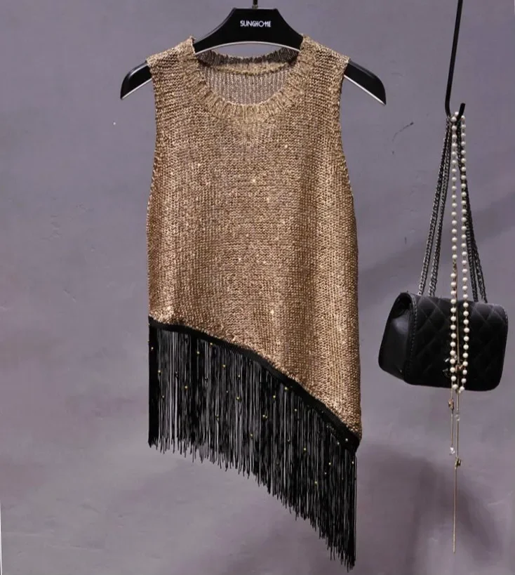

0 O Neck Sleeveless Irregular Knitted Tanks Tops Women Sequined Shiny Gold Tanks Women Fashion Tassels Shiny Gold Camis Vest