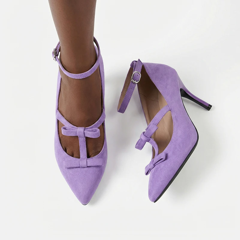 

Plus Size Frosted Velvet Material Shallow Bow Ultra-High Metal Fine Heel Office Women's High Heels Ankle Buckle Sexy Shoes