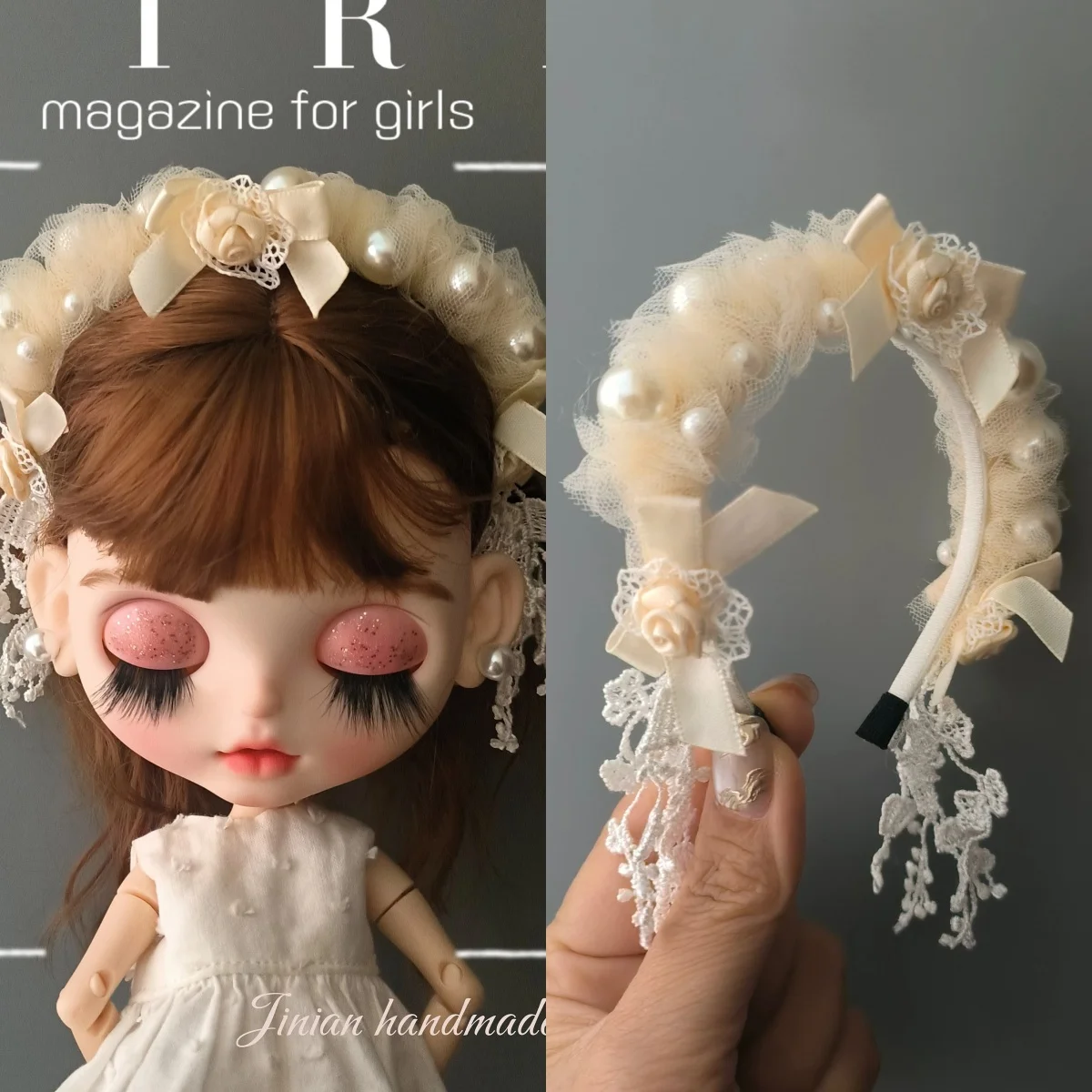 

Blyth Doll Headwear Accessories Handmade Fashion Design Lace Pearl Tassel Hairband For 19 Joints OB24 Blyth Dress Up Headdress