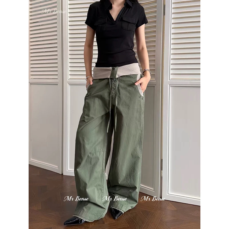 ZHIZOU Women's Green Casual Wide Leg Pants Cargo Baggy YK Harajuku Street Style Loose Hip-pop Splicing Trousers Japanese Retro