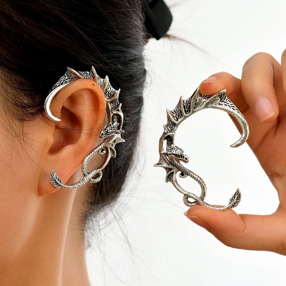 Gothic Punk Drachen Form Ohrringe 2024 Trend Neue Design Vintage Legierung Fliegenden Drachen Ohr Manschetten Für Frauen Party Zubehör
