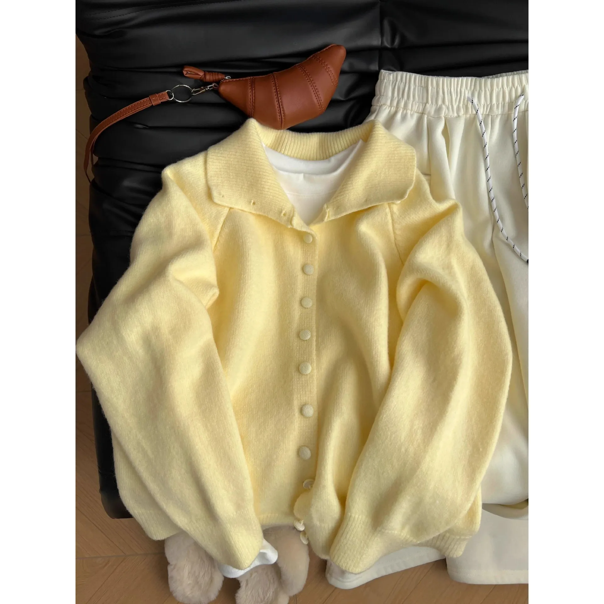 

Bright Yellow High Collar Thick Knitted Sweater For Women, Autumn Winter Soft And Cozy Casual Lazy Style Button Coat Top