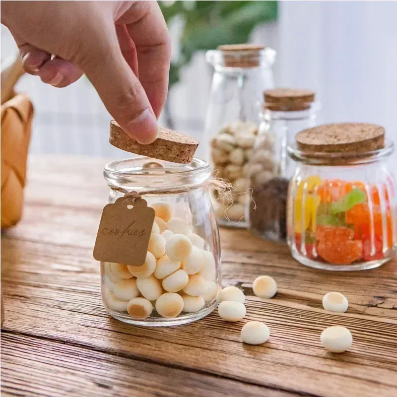 5Pcs 100/200ML Glass Storage Jars with Cork Lids Glass Containers  w/ Tags and Ropes For Honey Pudding Jam DIY Candle Decorative